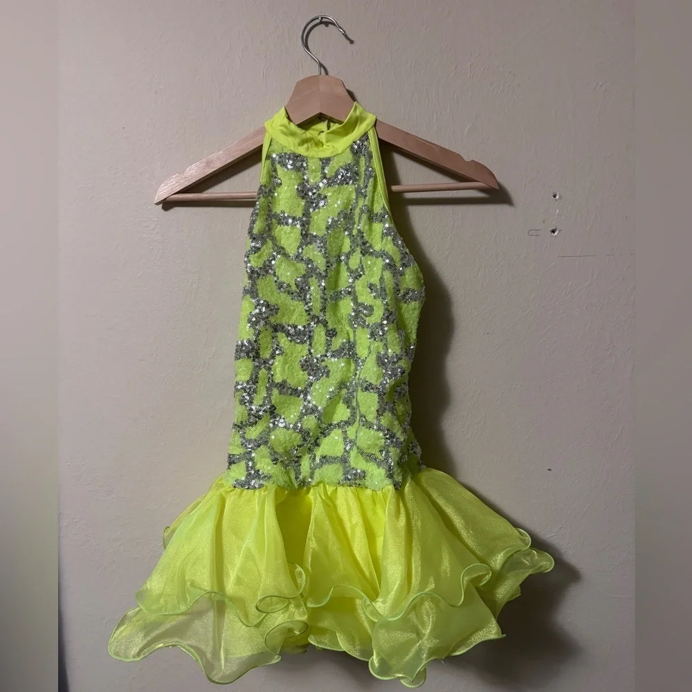 Weissman Electric Love 8634 chartreuse tutu unitard sequins Size Large Child